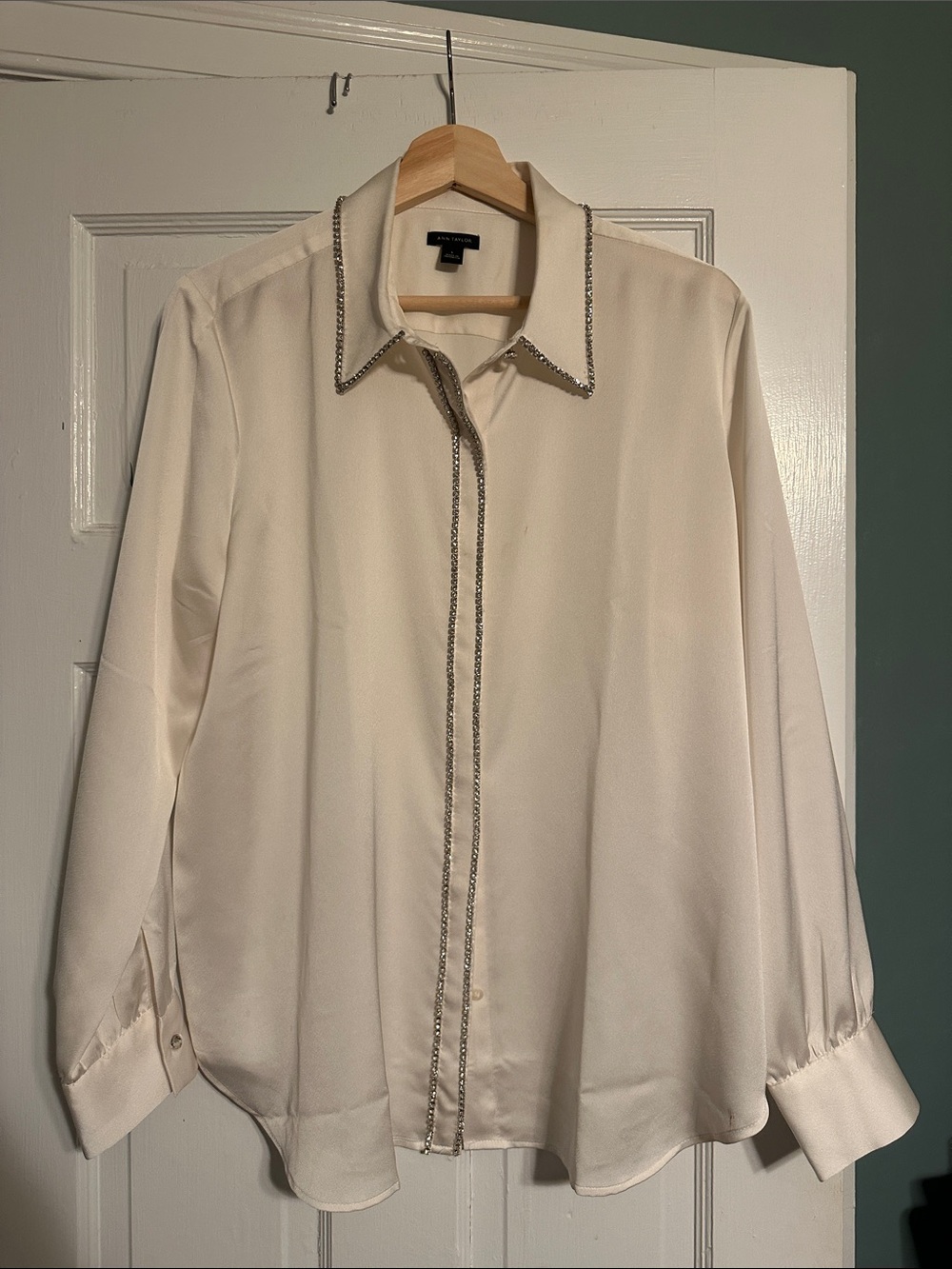 Ann Taylor Cream Button-Up Shirt with Rhinestone Trim